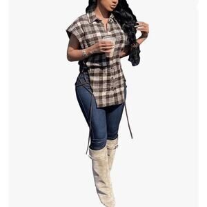 Coffee Women’s Versatile Plaid Blouses-Short Sleeve Button-Casual-Large